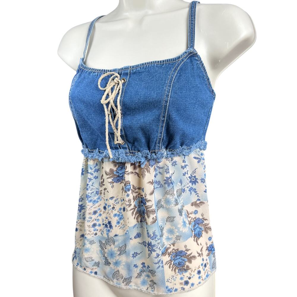 Vintage Y2K Zoey Beth Denim Tank Top Lace Up Detail Semi Sheer Floral Bottom Med